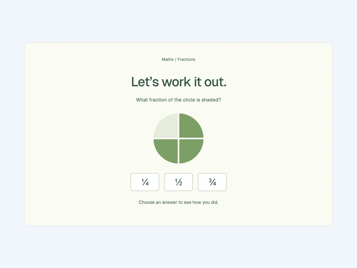 A sample interactive fractions question made with Starling AI