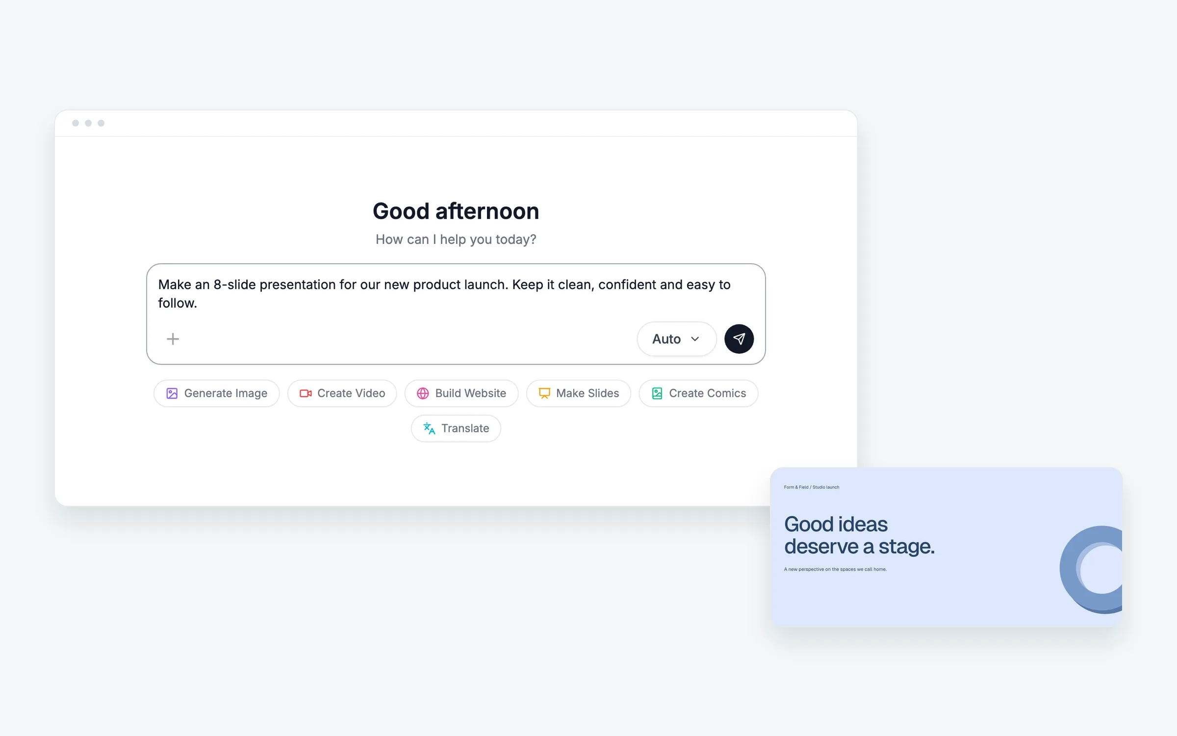 The Starling AI workspace beside a finished sample presentation